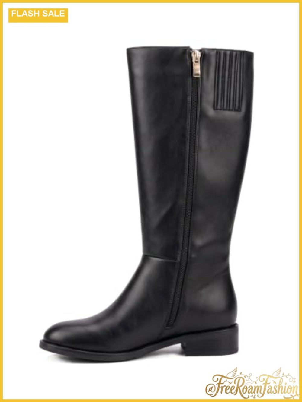 Wide Calf Boots for Women Faux Leather Knee High Round Toe Low Heel Side Zipper
